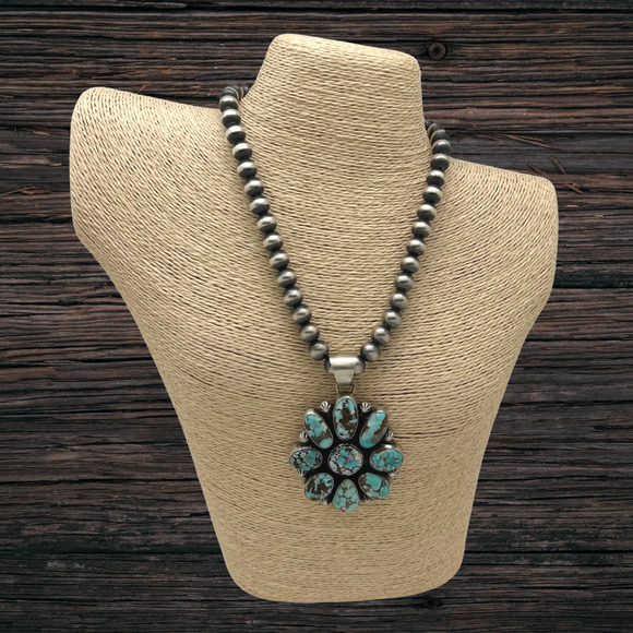 BOBBY JOHNSON Navajo Sterling & Light Lone Mountain Turquoise Cluster Pendant - Picture 3 of 3